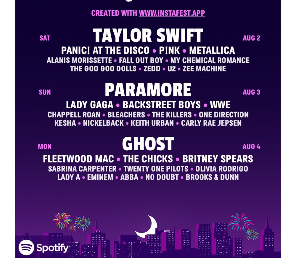 SAT AUG 2

TAYLOR SWIFT

PANIC! AT THE DISCO

P!NK

METALLICA

ALANIS MORISSETTE

FALL OUT BOY

MY CHEMICAL ROMANCE

THE GOO GOO DOLLS

ZEDD

U2.

ZEE MACHINE

SUN AUG 3

PARAMORE

LADY GAGA 

BACKSTREET BOYS 

WWE

CHAPPELL ROAN

BLEACHERS.

THE KILLERS.

ONE DIRECTION

KESHA

NICKELBACK

KEITH URBAN 

CARLY RAE JEPSEN

MON AUG 4

GHOST

FLEETWOOD MAC

THE CHICKS

BRITNEY SPEARS

SABRINA CARPENTER

TWENTY ONE PILOTS

OLIVIA RODRIGO

LADY A

EMINEM

ABBA

NO DOUBT

BROOKS & DUNN