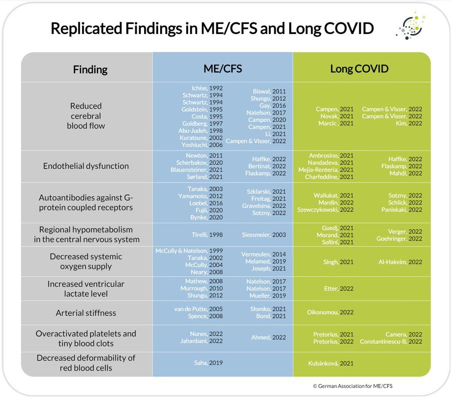 A chart titled 'Replicated Findings in ME/CFS and Long Covid from the German Association for ME/CFS that lists studies that found: reduced cerebral blood flow, endothelial dysfunction, autoantibodies, regional hypometabolism in CNS, decreased systemic oxygen supply, lactate levels, arterial stiffness, platelets and blood clots, etc. 