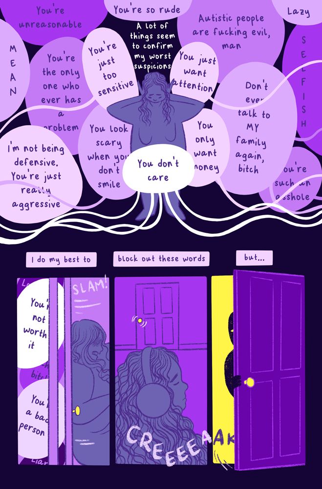 Page two for the comic titled A Long Eviction. The color palette is of varying shades of purple with pops of white and yellow. The background is a very dark purple, almost black.

Panel one: Jessi stands surrounded by speech bubbles that press up against them from every angle, each filled with negative comments about Jessi. Text reads, "A lot of things seem to confirm my worst suspicions. The text in the speech bubbles read, "You just want attention. You just want money. You don't care. You're just too sensitive. Don't ever talk to MY family again, bitch. You're the only one who ever has a problem. Autistic people are fucking evil, man. I'm not being defensive, you're just being really aggressive. Lazy. You're such an asshole. Mean. You're unreasonable. You look scary when you don't smile. You're so rude." Jessi presses their hands to their ears to block them out.

Panel two: Jessi struggles to slam a door closed on the speech bubbles. Text above reads, "I do my best to..."

Panel three: Text continues, "...block out these words...." Jessi is in a room with their eyes closed and headphones covering their ears. In the background, the knob wriggles as if something is trying to enter.

Panel four: The text finishes, "...but...." An ominous figure opens the door with a creak and stares inside, their eyes glowing yellow as they stare.