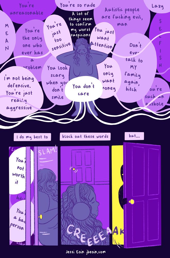 Page two of the comic A Long Eviction by Jessi Eoin. The color palette is of varying shades of purple with pops of white & yellow. The background is very dark. Panel 1: Jessi stands surrounded by speech bubbles that press up against them from every angle, each filled with negative comments like, "You just want attention. You don't care. Autistic people are fucking evil, man. You're just being really aggressive. You're such an asshole. You look scary when you don't smile." Jessi presses their hands to their ears to block them out. Text reads, "A lot of things seem to confirm my worst suspicions." Panel 2: Jessi struggles to slam a door closed on the speech bubbles. Text reads, "I do my best to..." Panel 3: Text continues, "...block out these words...." Jessi is in a room with their eyes closed & headphones covering their ears. In the background, the knob wriggles as if something is trying to enter. Panel 4: The text finishes, "...but...." An ominous figure opens the door with a creak and stares inside, their eyes glowing yellow.
