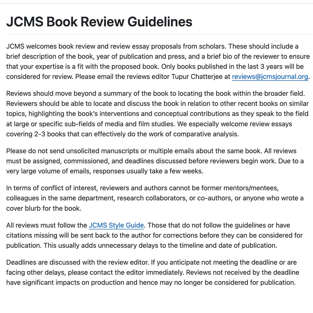 Screenshot of JCMS book review guidelines, written out in black and white text