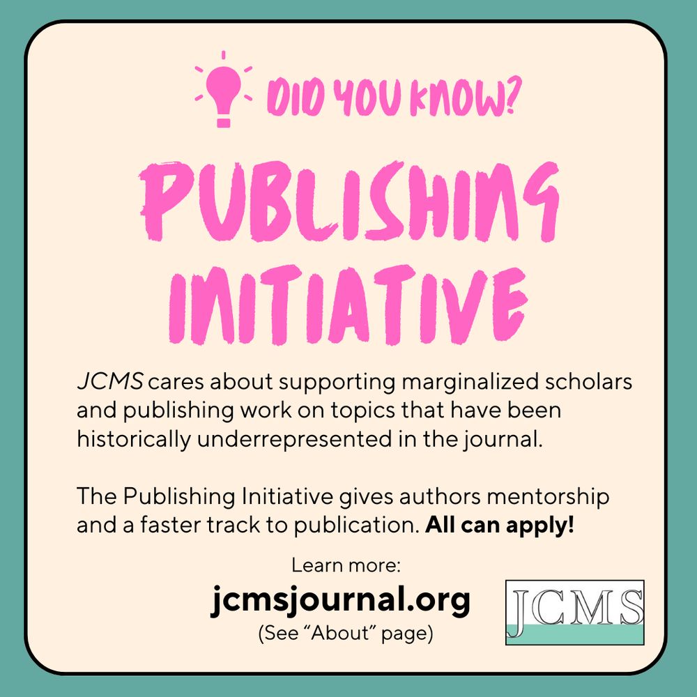 Tan square on green background with text describing the JCMS Publishing Initiative with info available at jcmsjournal.org