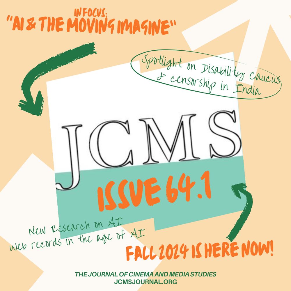 Promotional image with orange, green, and white elements that reads: JCMS issue 64.1, fall 2024 is here now