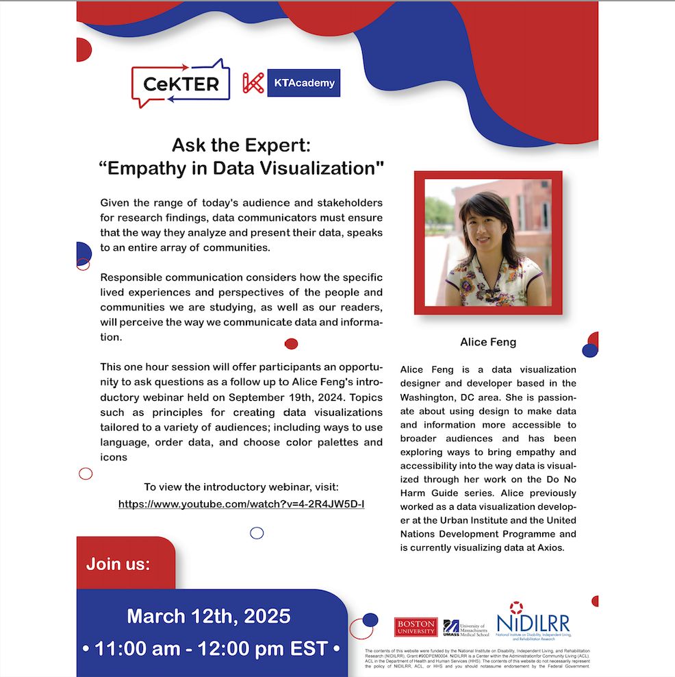 Flyer for event: Ask the Expert "Empathy in Data Visualization" Presenter Alice Feng (white Asian woman). March 12, 2025 from 11 AM to Noon via Zoom. Zoom link is in the post