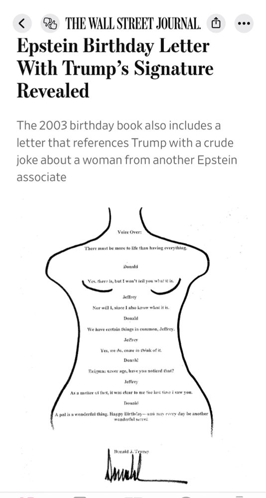 An image of the letter (resembling a naked women’s torso) bearing Trump’s signature, from Epstein’s 50th Birthday book. 