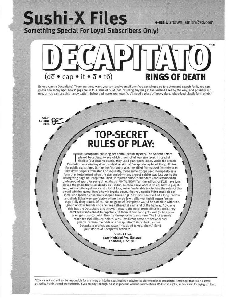 page from an April Fool's issue of EGM describing the history and rules of Decapitato