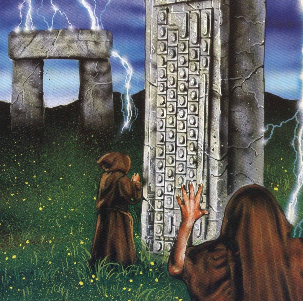 illustration of 2 druids at a Stonehenge like structure but one of the pillars is a stone computer keyboard and its being struck by lightning