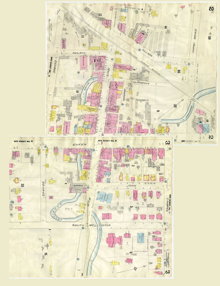 Historic map of downtown Brampton. Likely from the late 1800s. 