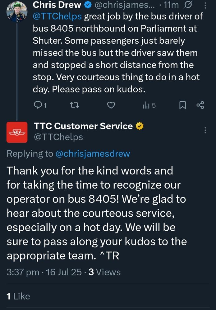 Screenshot of giving kudos to a bus driver and the TTC responding. 
