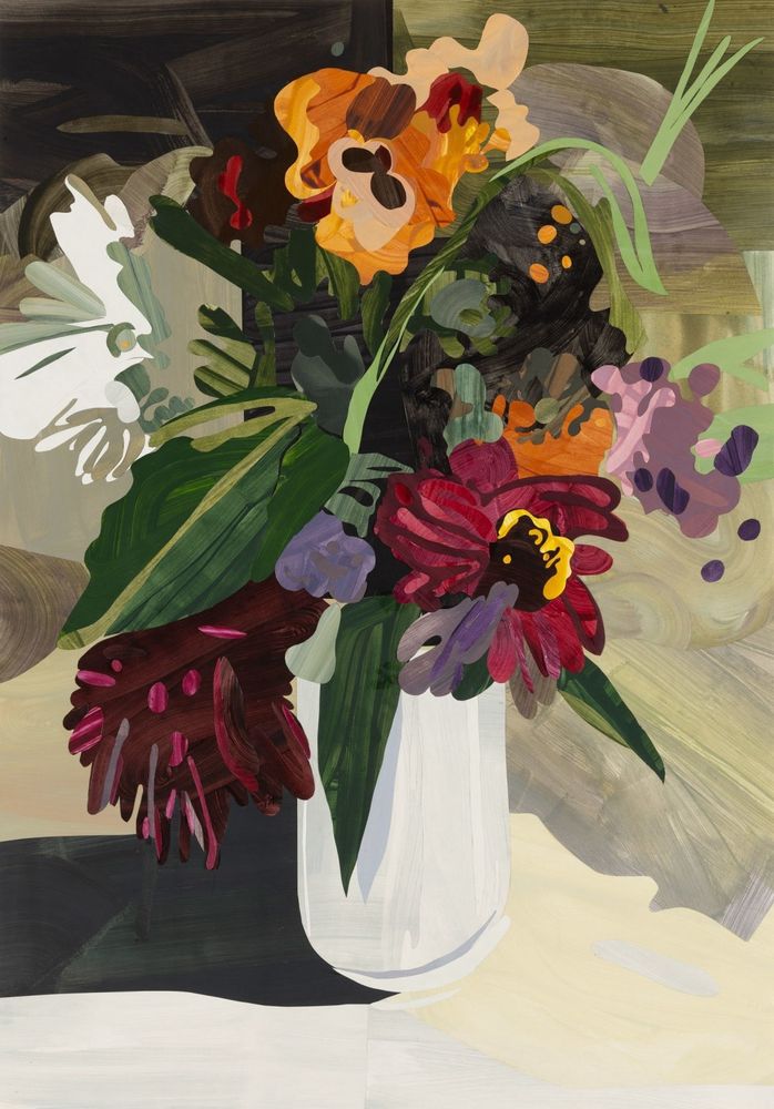 A stylised painting of a vase of various flowers, foliage and shadows.