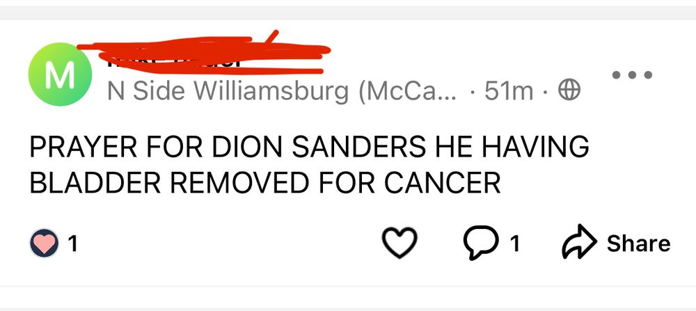 A screenshot from Nextdoor that says “PRAYER FOR DION SANDERS HE HAVING BLADDER REMOVED FOR CANCER” 