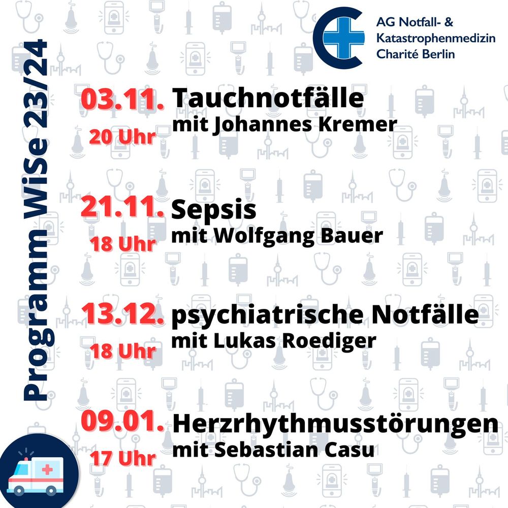 21.11. 18 Uhr, Sepsis mit Wolfgang Bauer

13.12. 18 Uhr, Psychiatrische Notfälle mit Lukas Roediger

09.01. 17 Uhr, Herzrhythmusstörungen mit Sebastian Casu