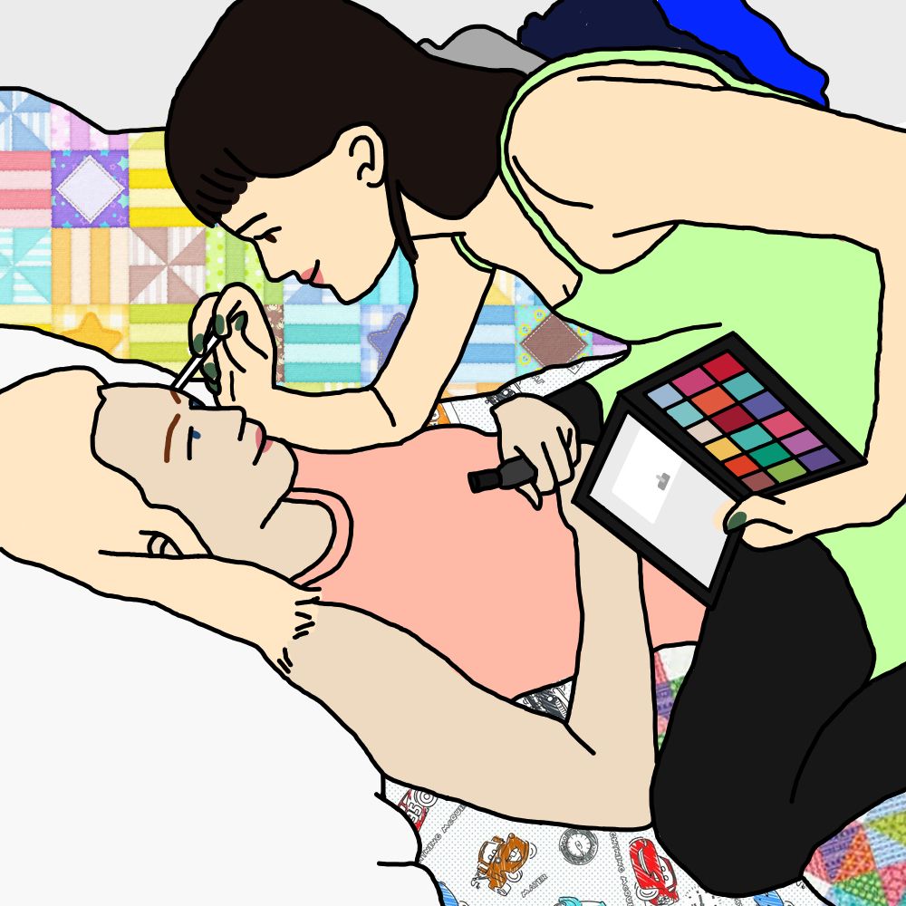 F1 drivers Yuki Tsunoda & Liam Lawson as women, Yuki sitting on top of Liam applying makeup on her in bed while Liam lays on her back. There's a pile of clothes behind them on Yuki's bed. Liam has Cars-themed bedsheets on