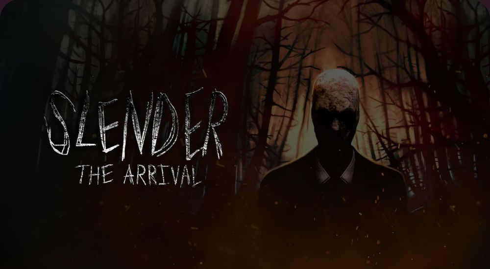 Cover art for Slender: The Arrival. The title is on the left side of the image. Slenderman is on the right. He is standing in the woods.