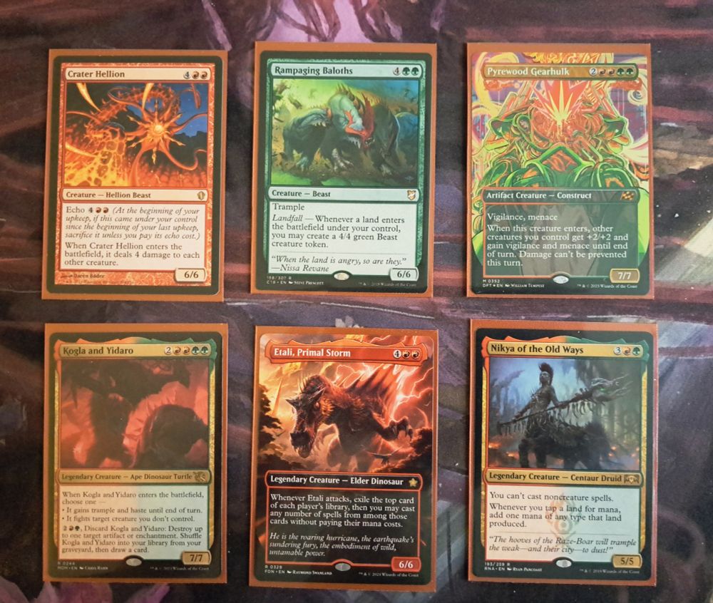 6 Magic cards: Crater Hellion, Rampaging Baloths, Pyrewood Gearhulk, Kugla and Yidaro, Etali, Primal Storm and Nikya of the Old Ways (who is in there as a Cascade target).