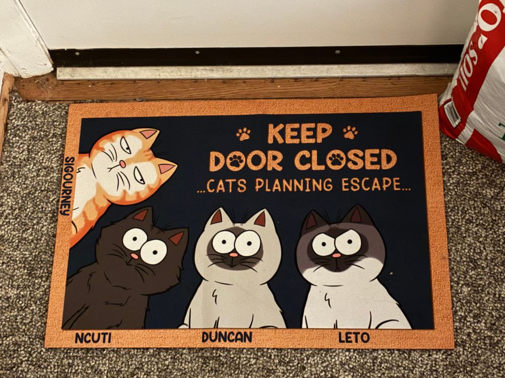 A doormat with four cats that reads, “Keep door closed - cars planning escape…”