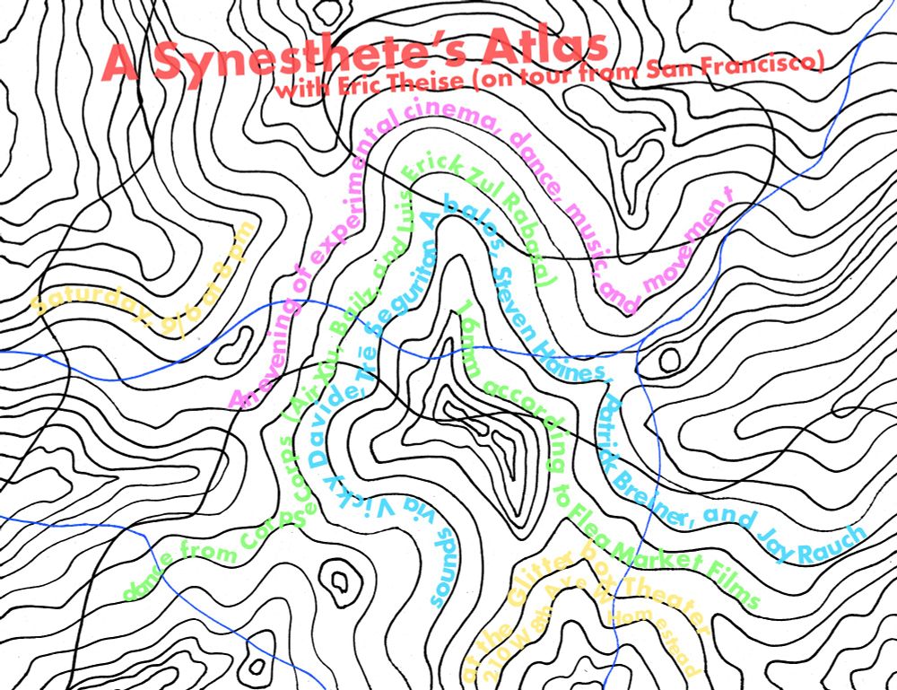 A hand-drawn topographic map (black lines on white background.) Colorful text that mostly conforms to the lines outlines the details of the event, as described in the attached post.