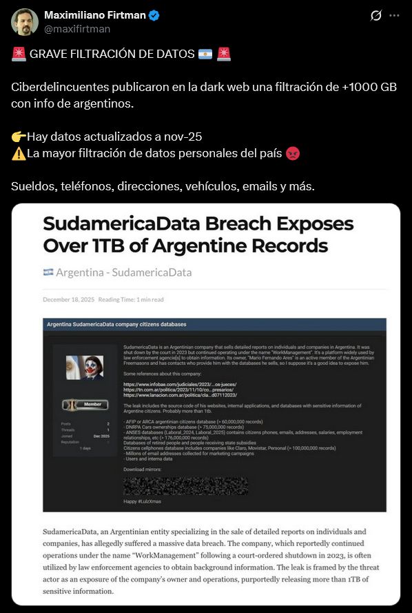 post de maximiliano firtman hablando de una nueva filtracion de datos de hhabitantes argentinos publicados en la web