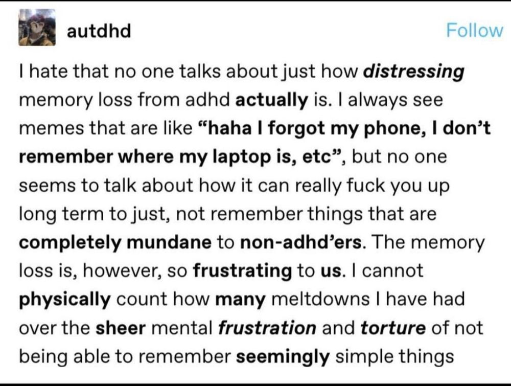 I hate that no I talk about just how distressing memory loss from ADHD actually is. I always see memes that are like "haha I forgot my phone, I don't remember where my laptop is, etc" but no one seems to talk about how it can really fuck you up long term to just, not remember things that are completely mundane to non-adhd'ers. The memory loss is, however, so frustrating to us. I cannot physically count how many meltdowns I have had over the sheer mental frustration and torture of not being able to remember seemingly simple things