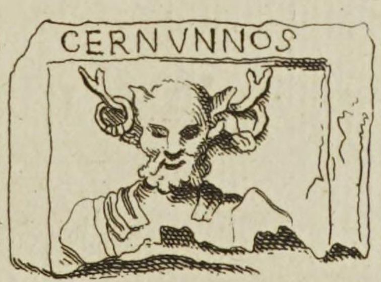 A black and white illustration of the a bearded figure with animal-like ears and horns, with rings decorating the horns, and bearing the inscription 'CERNVNNOS'