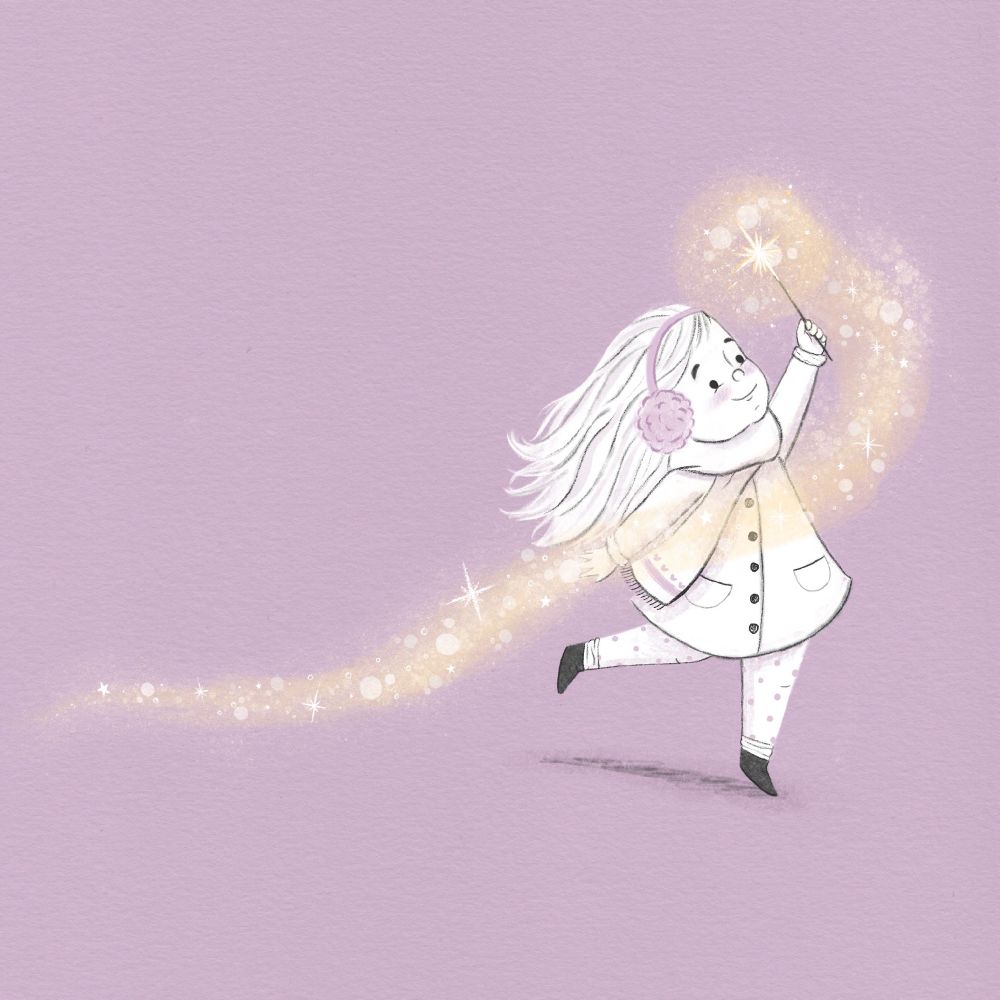 Sketch of a girl running with a gold sparkler on a purple background