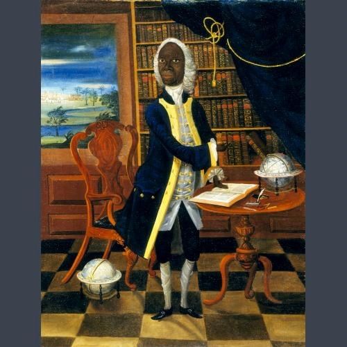 18th Century portrait of Francis Williams in his study: A historical painting depicts a Black man in 18th-century attire standing in a study or library. He is dressed in a blue coat with yellow trim, white stockings, and black shoes, and is wearing a white wig. The surroundings feature a large bookshelf filled with books, a wooden chair, a table with an open book, his hand lying upon it, a globe, and a celestial globe. A window behind him shows a landscape with a building and trees under a twilight blue sky. The floor is checkered, and a curtain with a intricate tassel hangs to the right.