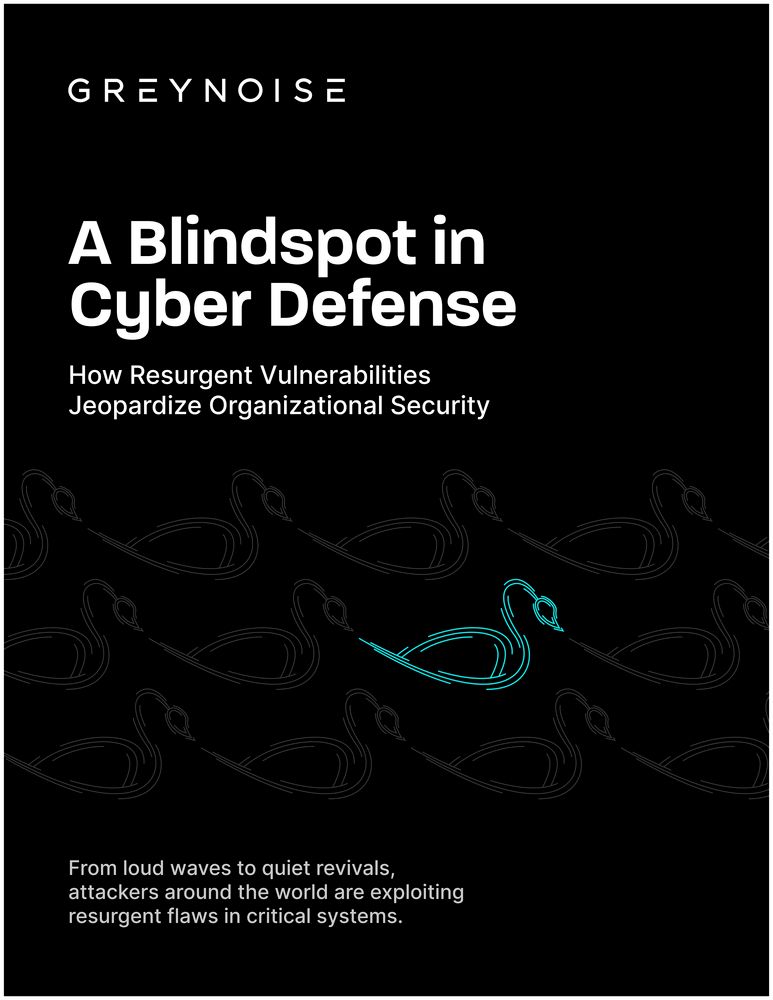 A minimalist report cover with a black background from GreyNoise titled “A Blindspot in Cyber Defense: How Resurgent Vulnerabilities Jeopardize Organizational Security.” The subtitle reads: “From loud waves to quiet revivals, attackers around the world are exploiting resurgent flaws in critical systems.” The background features a repeating pattern of line-drawn swans, with one swan highlighted in bright cyan, symbolizing an anomaly or standout threat among many.