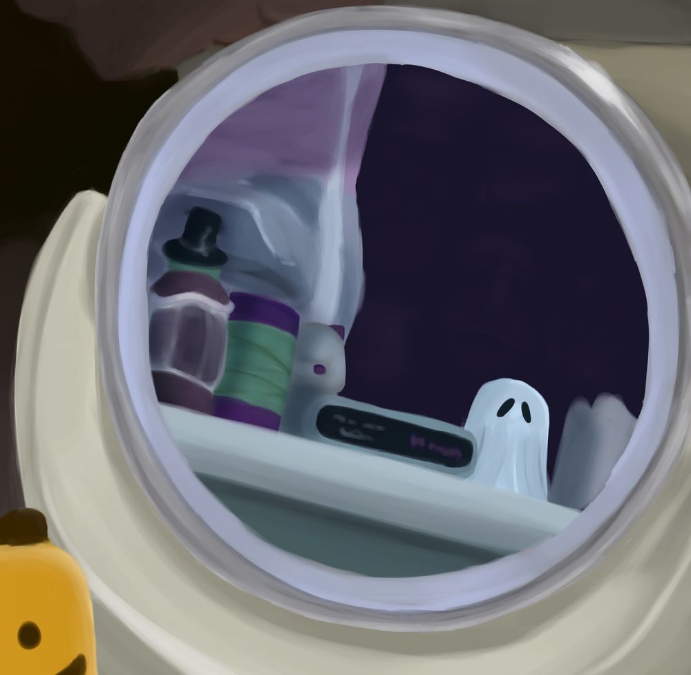 A painting of a window as seen through a mirror, there’s a clock on the window sill along with a couple of decorations. A ghost decoration is looking directly at the camera. A trans flag is covering half the window.