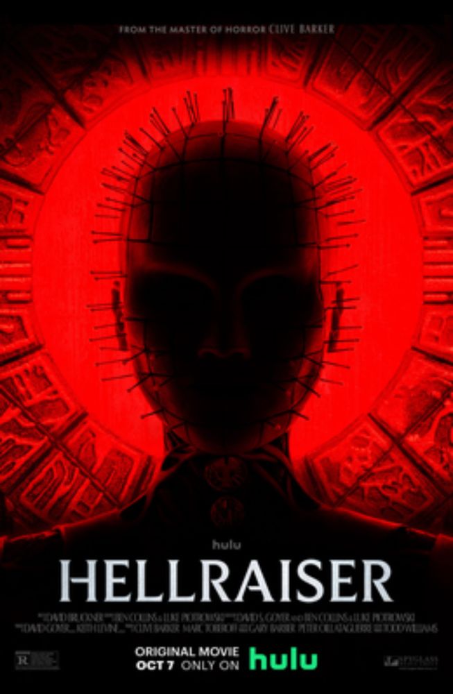 film poster for hellraiser (2022). the shadow of a person with pins in their head can be seen against a red background 