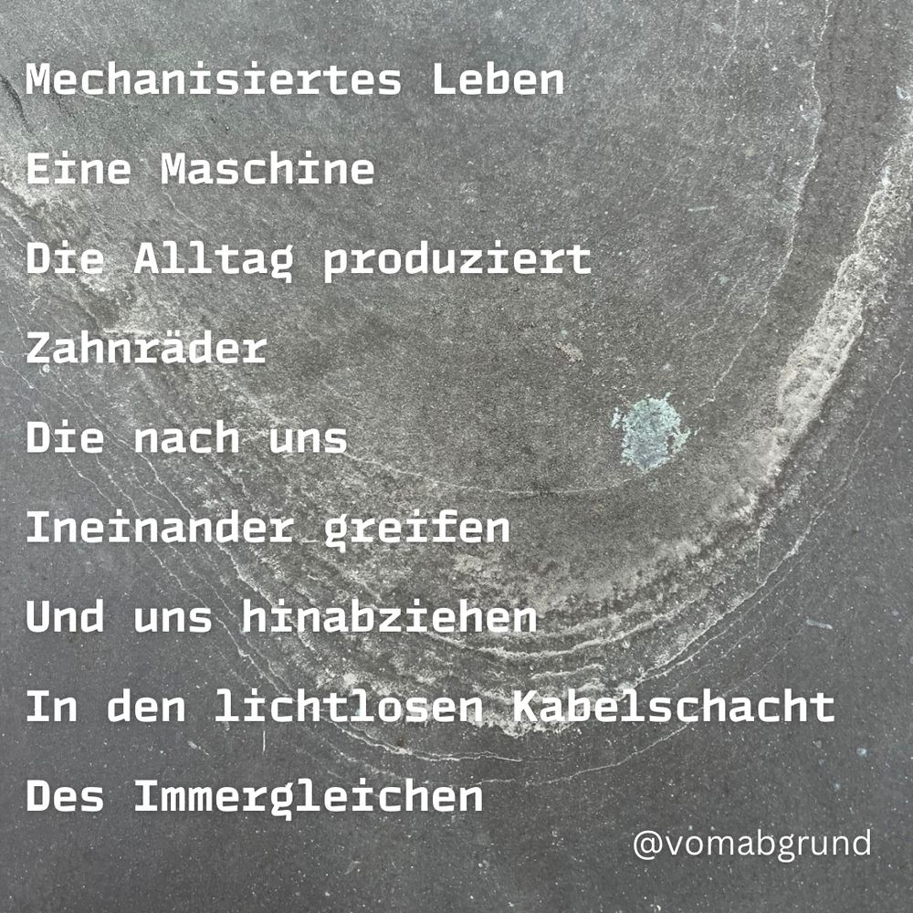Mechanisiertes Leben
Eine Maschine
Die Alltag produziert
Zahnräder
Die nach uns
Ineinander greifen
Und uns hinabziehen
In den lichtlosen Kabelschacht
Des Immergleichen

Hintergrund: Grauer Stein, zerkratzt. 