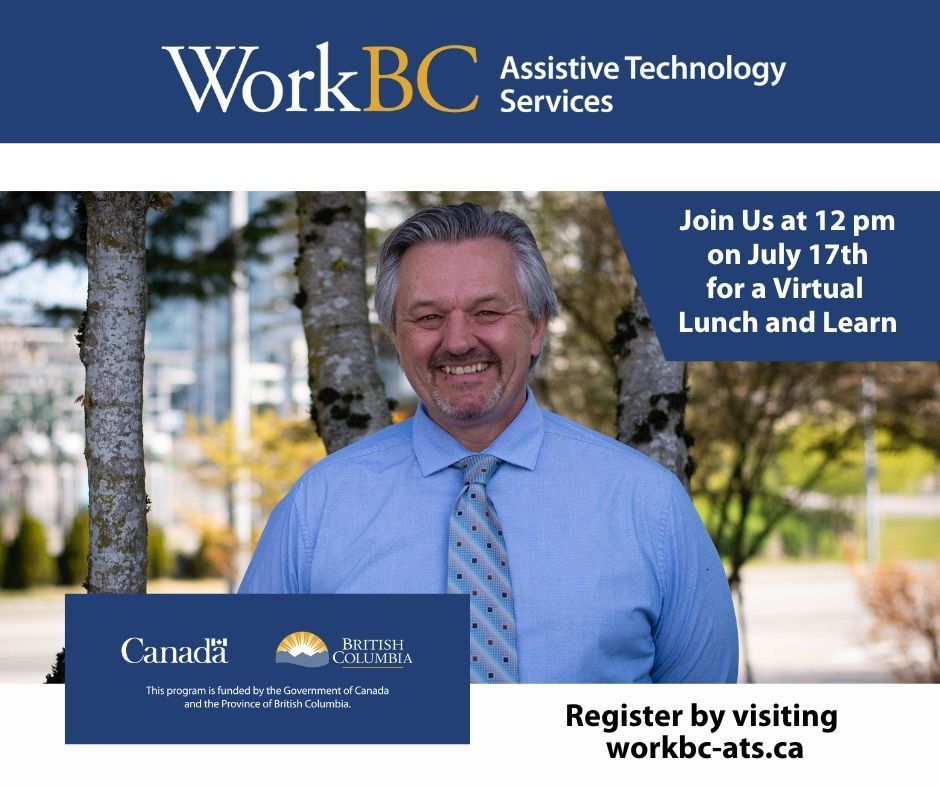 Nate standing outside. Text indicates that this program is funded by the Government of Canada and Province of British Columbia. You can also visit workbc-ats.ca.