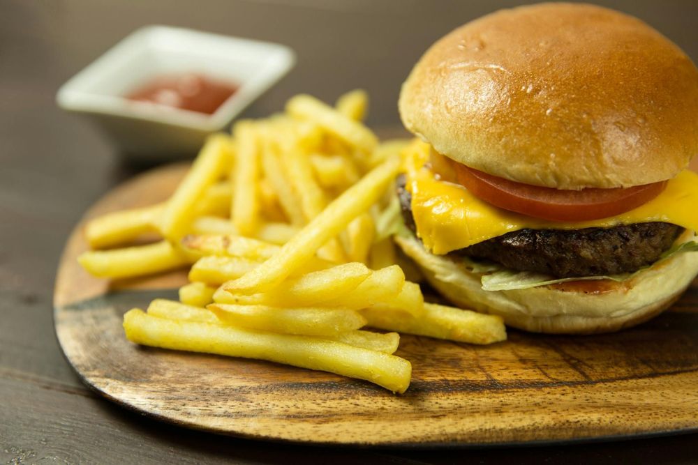 A plate of a burger and fries.