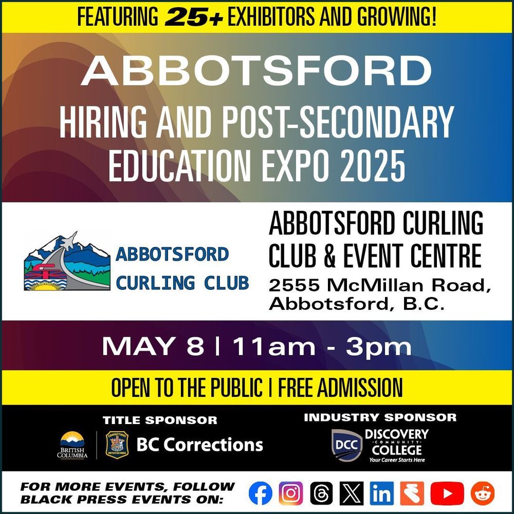An event banner for the Abbotsford Hiring and Post-Secondary Education Expo. The graphic notes that the event is open to the public with free admission.