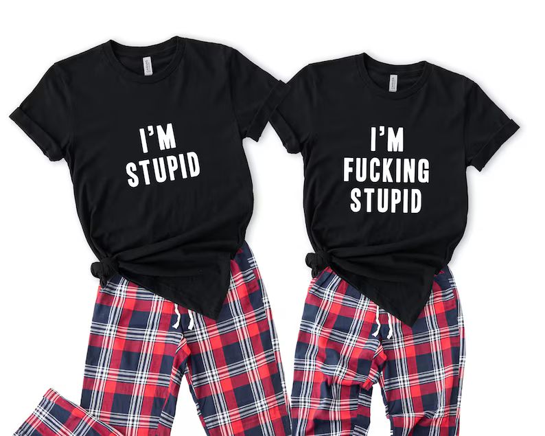 A set of t-shirts from TrunkenTreasuresCo (Etsy) that say
"I'M FUCKING STUPID" and "I'M STUPID". I am not affiliated with that shop owner, just crediting. 