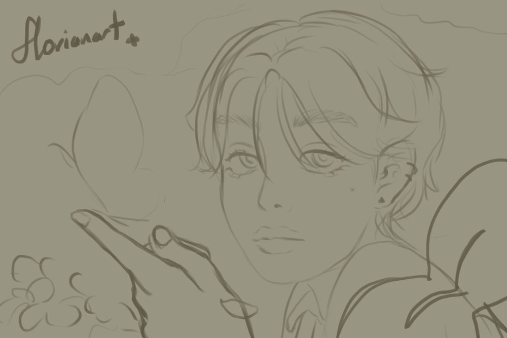 My persona sketched on the right of the image is out in a garden with a winged insect on their fingertips featured on the left of the image