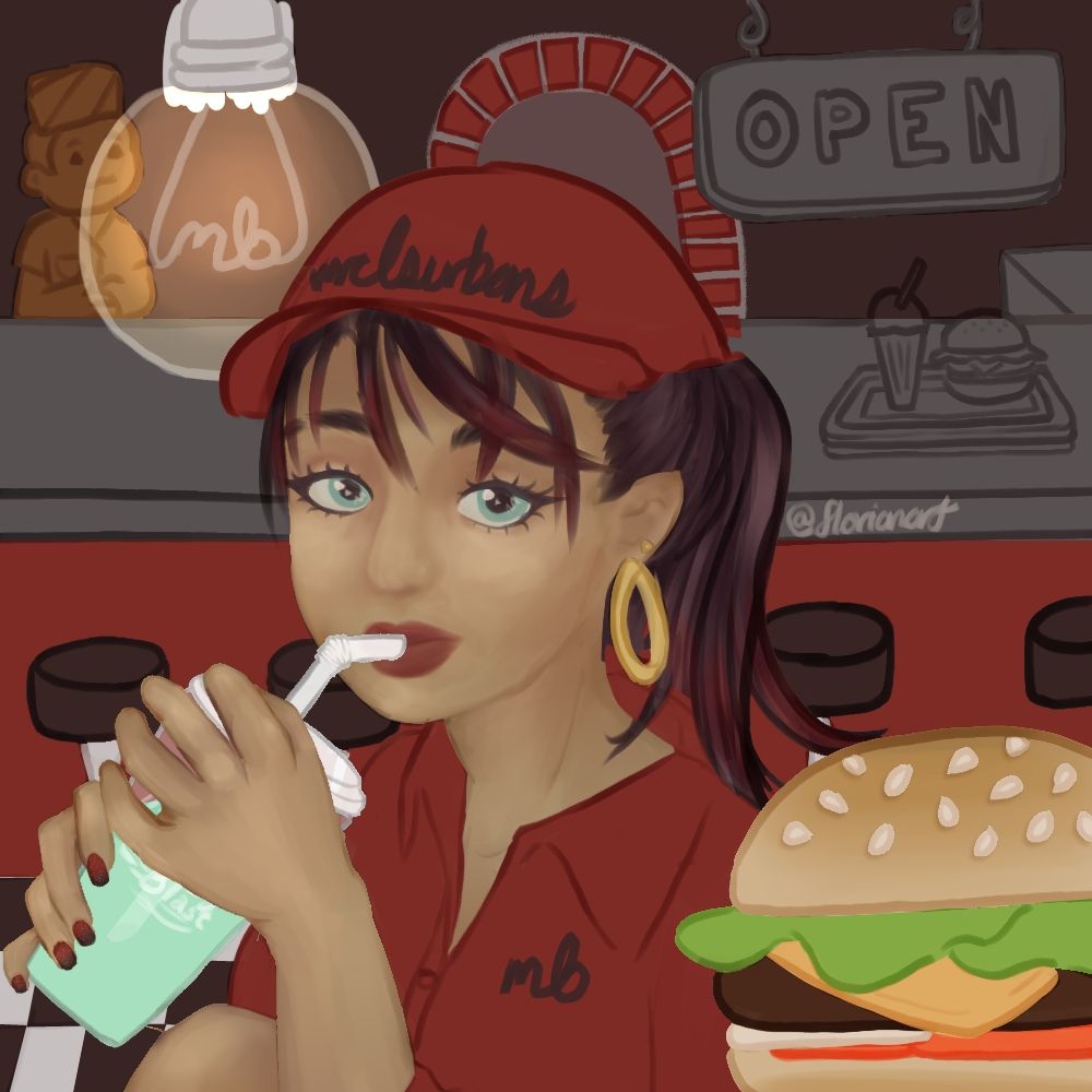 Fan art of the YouTube, suburbanwill's fictional restaurant: mcburbans. A diner themed restaurant with a burger in the bottom right for the foreground. In the middle there is a waitress drinking a baja blast. And in the background we have will behind the counter potentially bagging fries. 