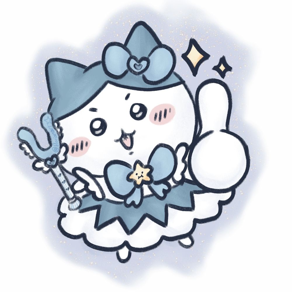Hachiware in a magical outfit carrying a bug catcher in one hand and posing with a thumbs up in another