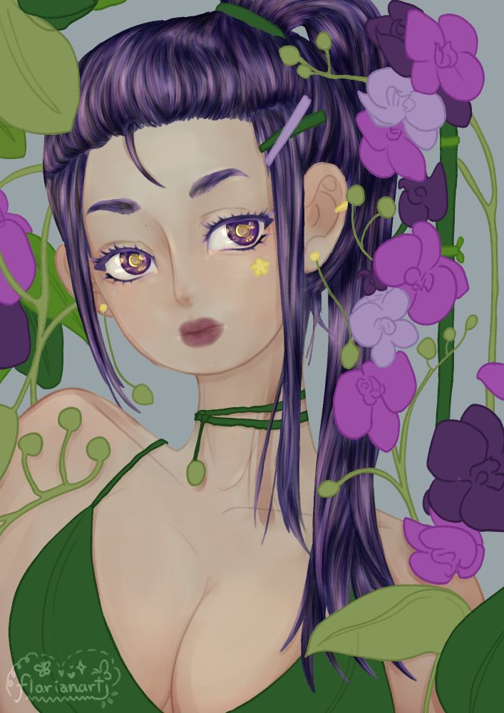 My original character, Aurchidia, has been fully rendered. although the orchids still are still in their flat color stage