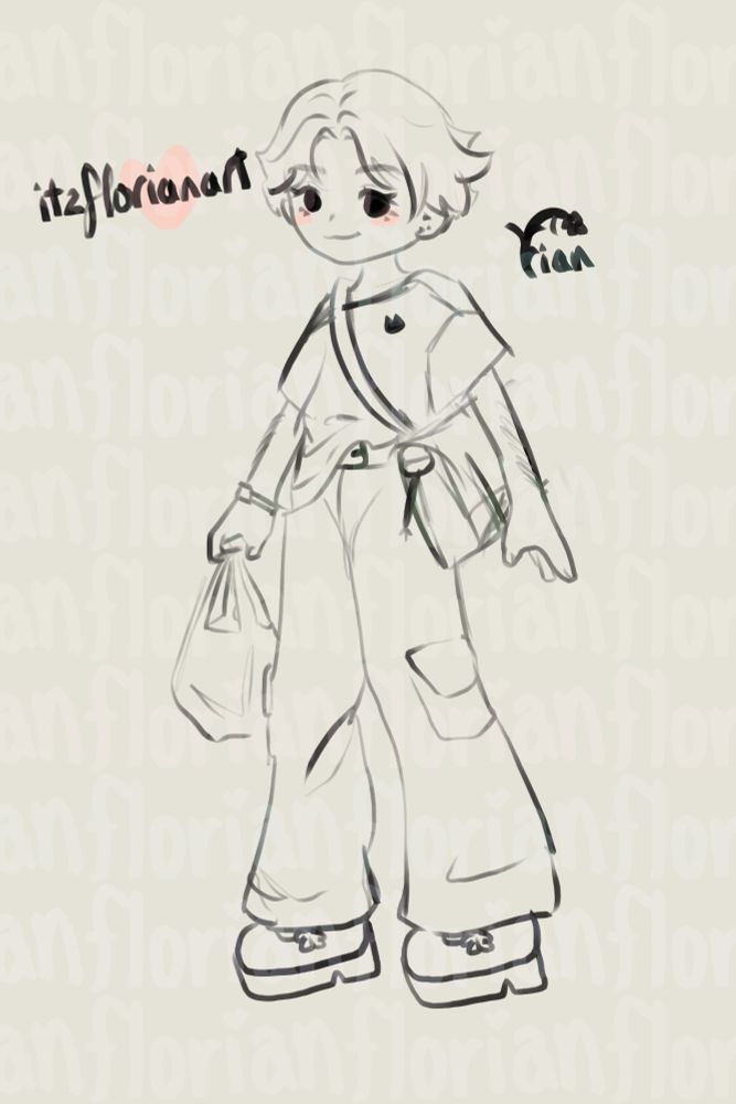 A digitally lined illustration draft of a person with short hair wearing street clothes while carrying a messenger bag on one hip and holding a full grocery bag on the other. Said person is me  :3