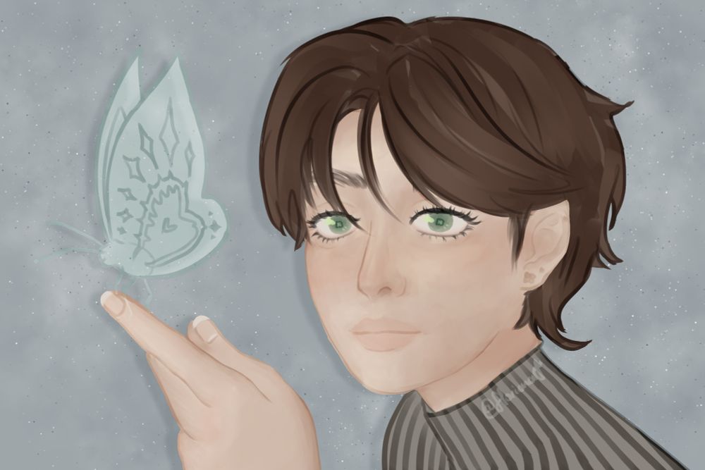 Self portrait of my persona and a butterfly on my fingertip