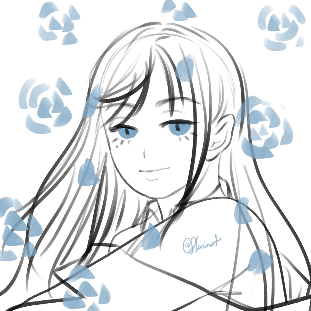 Fan art of Ado with blue roses in the background and foreground