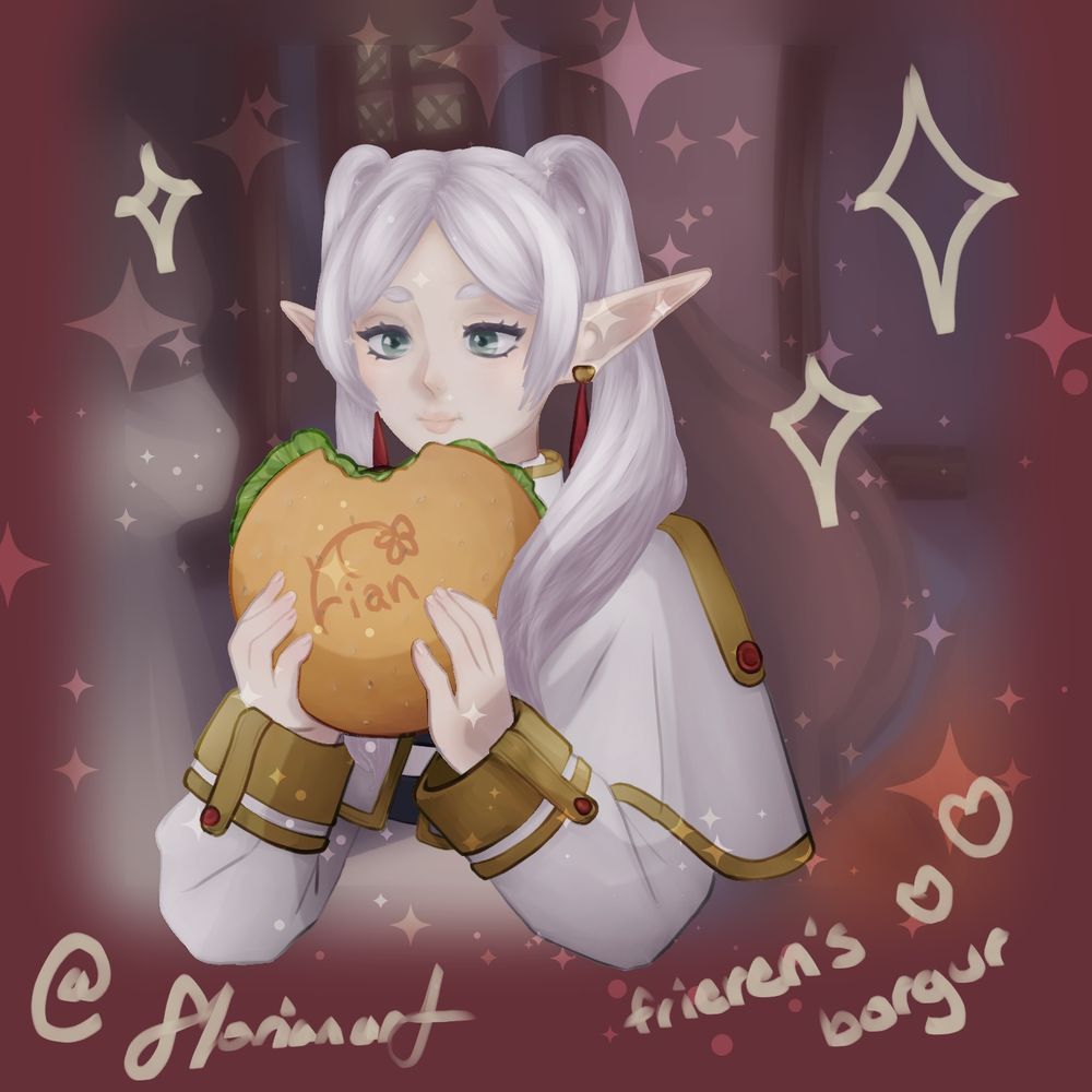Full image displaying frieren gracefully memorized by a burger that's bigger than her own head.