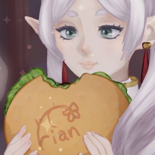 Close up of frieren holding a huge ass burger with her two hands !!