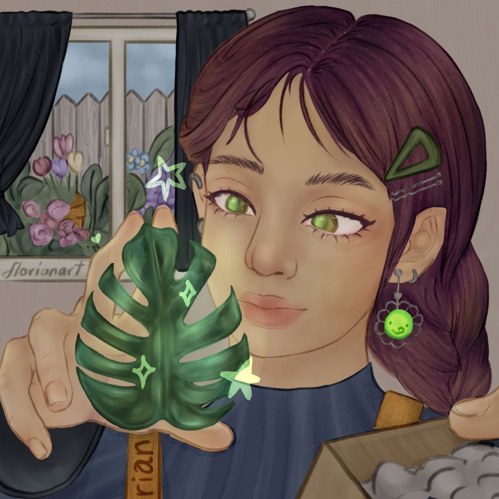 Lapidarist looks at her carved emerald in the shape of a monstera leaf with a cardboard box full of Styrofoam ready for shipping on the right bottom corner of the image.