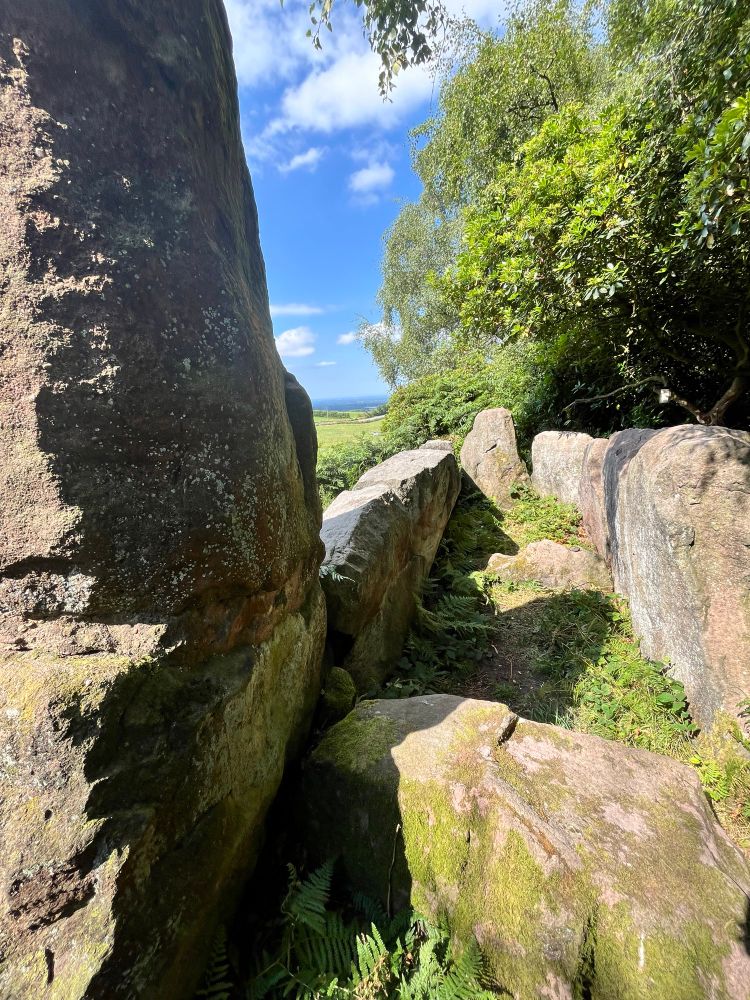 Bridestones Neolithic chambered long cairn, includes a chambered tomb measuring 6m x 2.7m made of large stone slabs set on edge and divided into two by a now broken cross slab. The long cairn covering the chamber was recorded in 1764 as being c.110m long x 11m wide. Sadly it was largely carted away for road making that year.