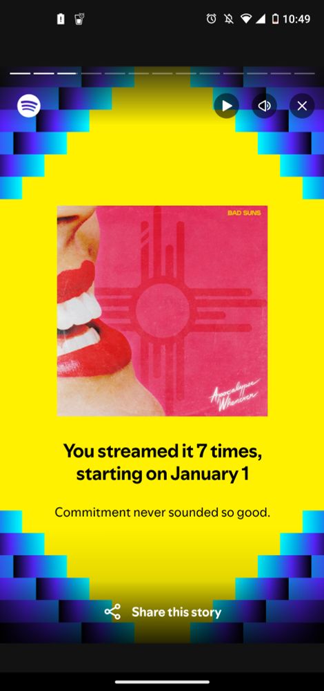 A screenshot of Spotify Wrapped showing the album cover for Apocalypse Whenever by Bad Suns, with the caption: You streamed it 7 times, starting on January 1. Commitment never sounded so good.