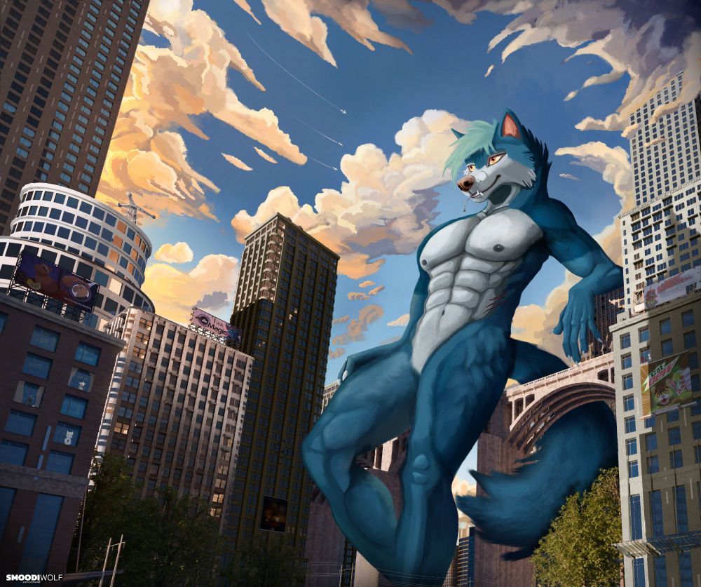 A giant blue wolf with an athletic body leaning against bridge in 
the city. He rests his left arm on one of the nearby skyscrapers.
He has a street lamp hanging out of his mouth like a tooth pick.
