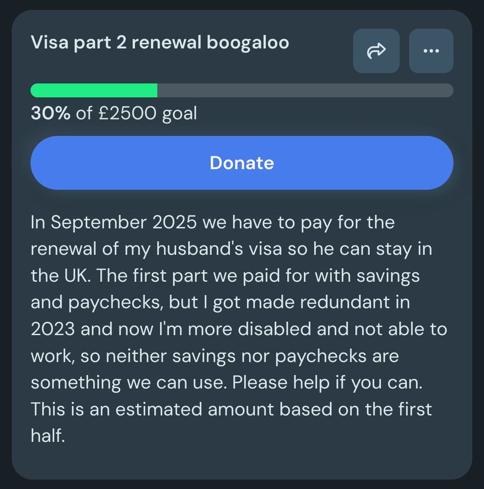 A screenshot of a Kofi goal that says 30% of £2500