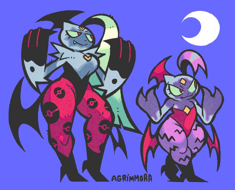 Drawings of Sneasler and Hisuian Sneasel as Morrigan and Lilith respectively