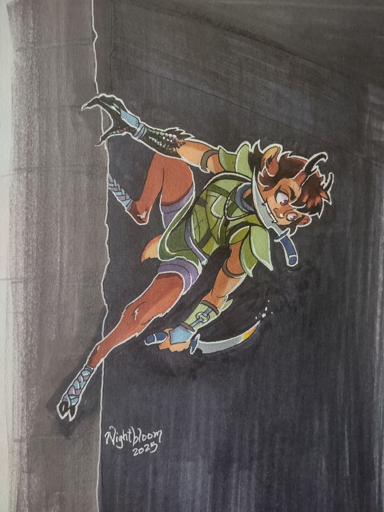 Tuyen, wearing his boots of spider climbing, clinging to a wall with one dagger in his left hand and the other held by the blade between his teeth